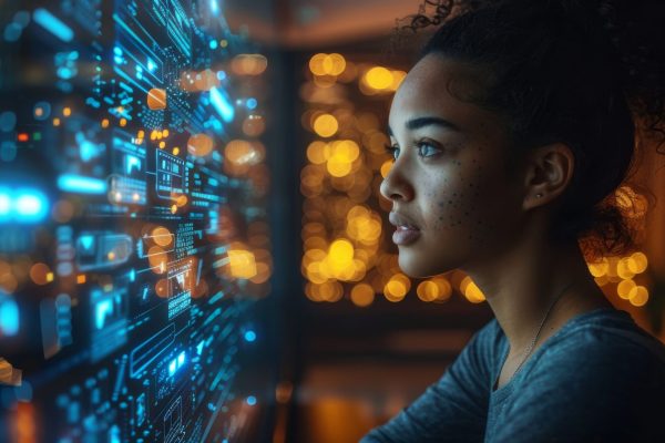 In the darkness of midnight, a woman is captivated by a computer screen emitting electric blue light and displaying a lot of data