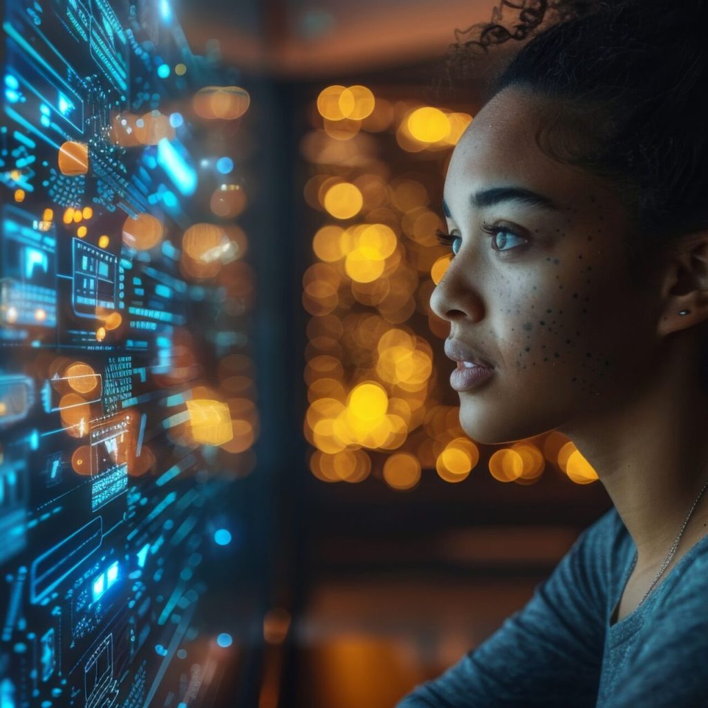 In the darkness of midnight, a woman is captivated by a computer screen emitting electric blue light and displaying a lot of data